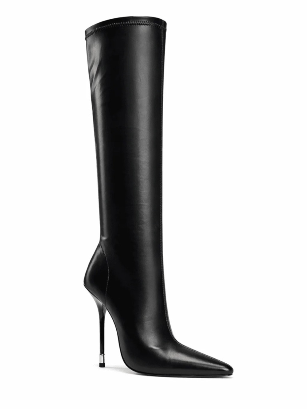 Black Pointed-Toe Knee-High Stiletto Boots - Picture 2 of 5